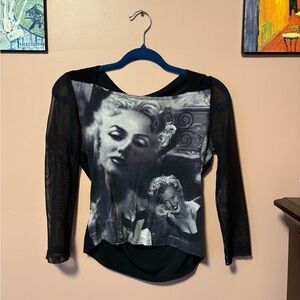 Y2K Black Halftone Mesh Long Sleeve Top with Marilyn Monroe Print